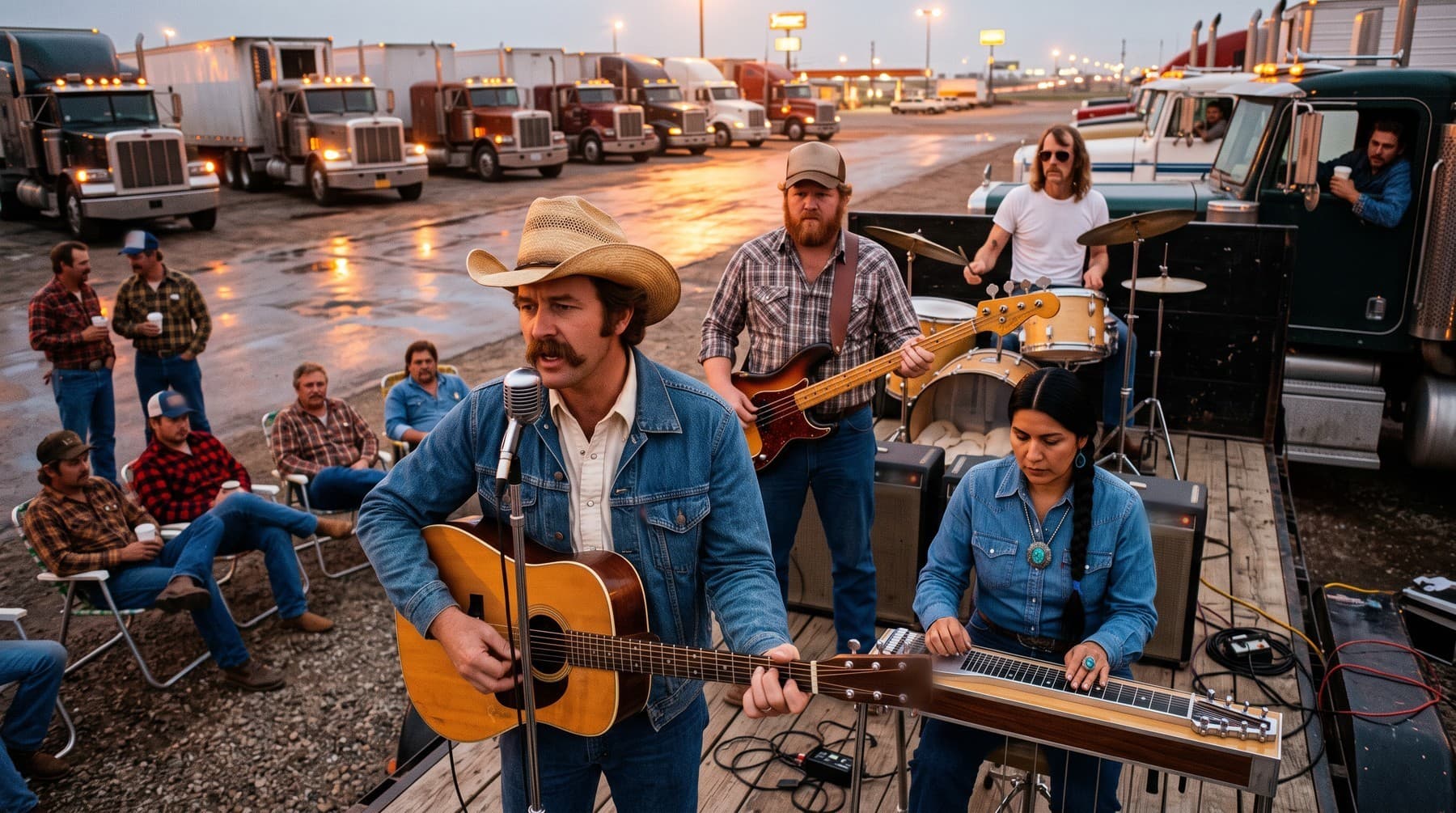 The band playing on a flatbed trailer at a truck stop at dusk, drivers watching from the cabs of parked rigs and a few from folding chairs