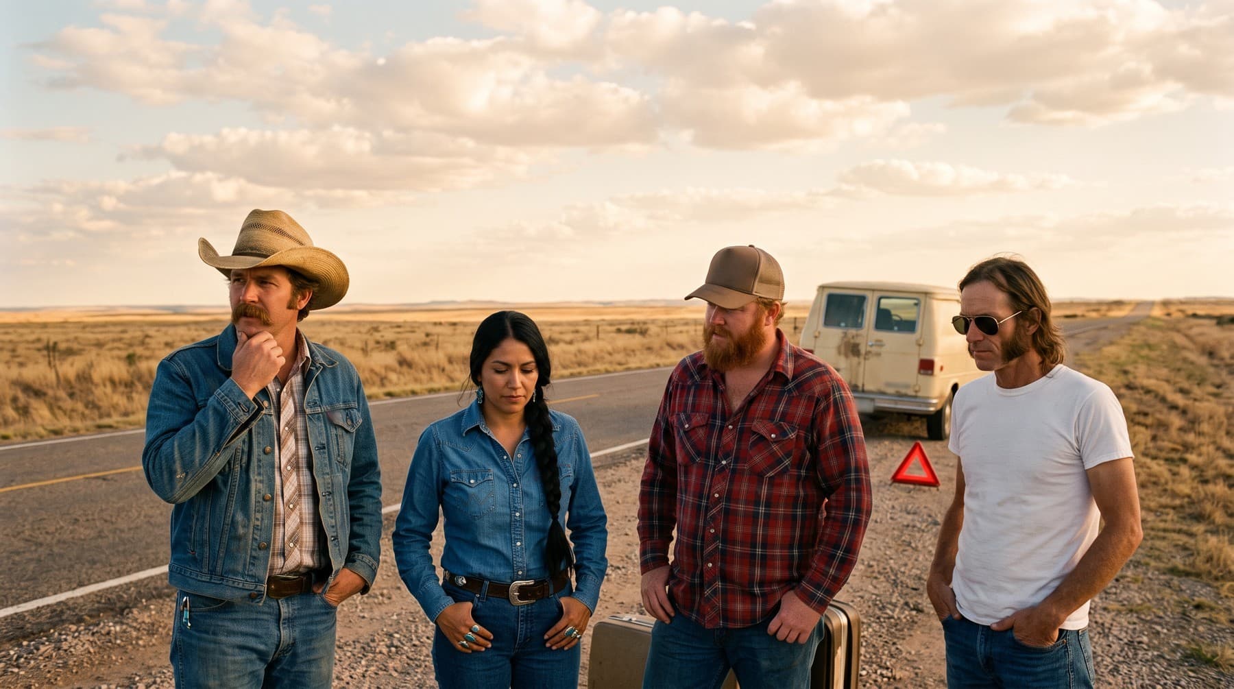 Four musicians standing on the shoulder of a two-lane highway in open grassland, a cream van and a red warning triangle behind them