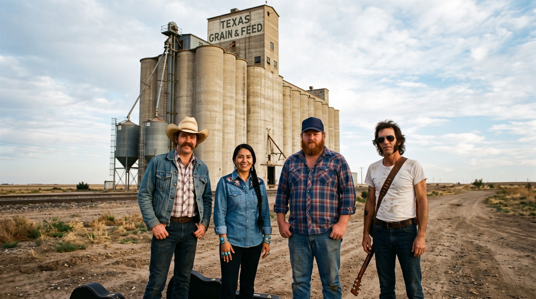 The Shoulder Lane in front of a tall concrete grain elevator, instrument cases at their feet