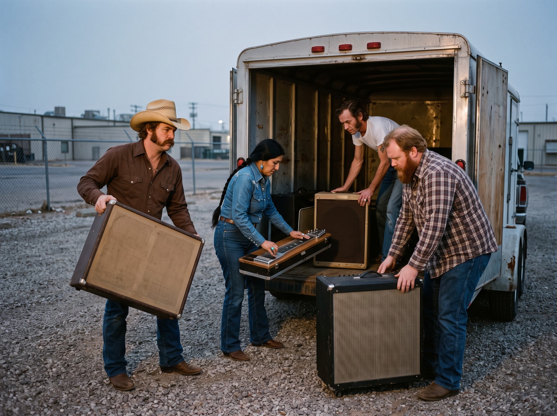 The band loading amplifiers and a pedal steel into a trailer at dawn